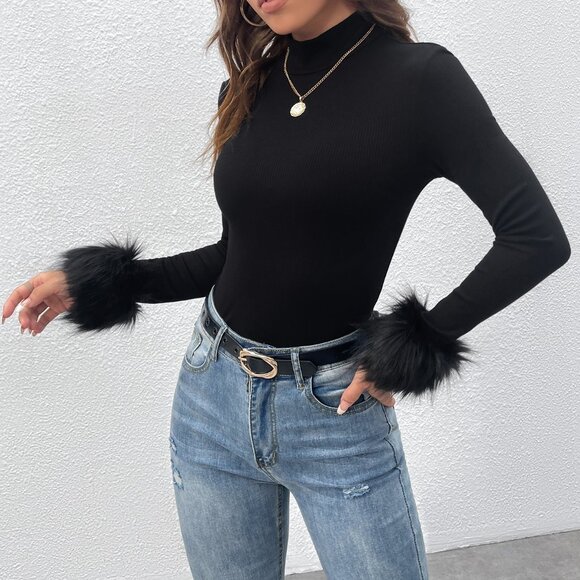 Black Casual Women's Fuzzy Cuff Mock Neck Y2k Tee - Picture 5 of 5